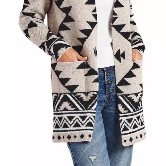 Frye Tan Black Aztec Southwestern Print Cardigan Sweater Duster Long SIZE S - Picture 3 of 16